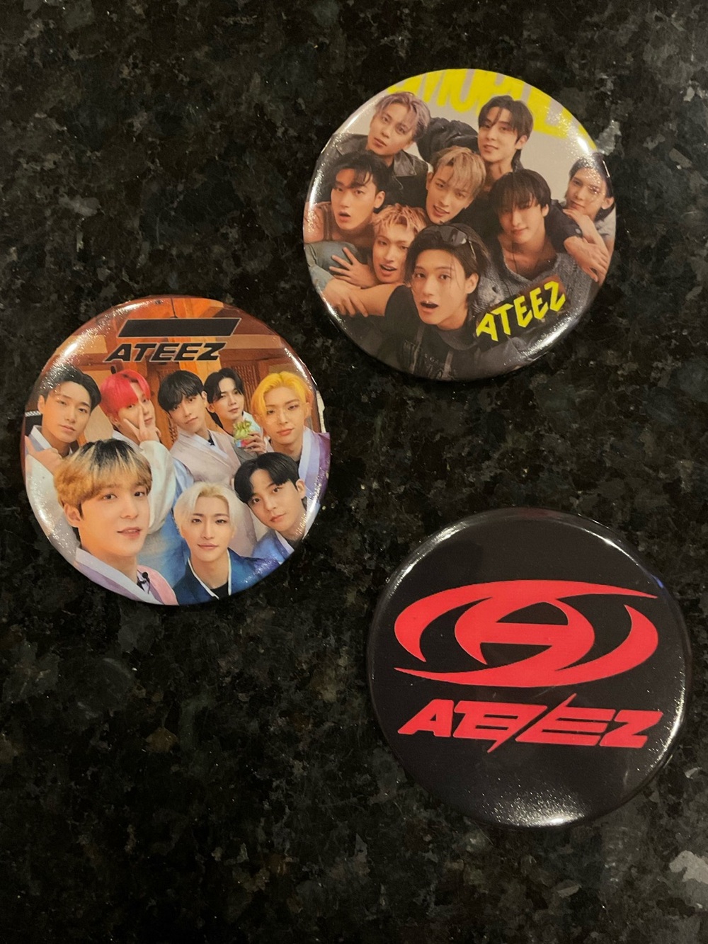Trio ATEEZ Buttons , 2 of Group Photos and 1 with logo - 2 1/4” collectors item